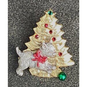 Gold Tone Christmas Tree Brooch Pin Silver Tone Terrier Dog Rhinestones